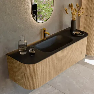 MONDIAZ Kurve 140cm badmeubel - kleur Oak - 1 lade - BIG SMALL wastafel - wasbak Links en Rechts - 1 kraangat - kleur Urban