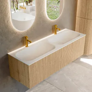 MONDIAZ Kurve 140cm badmeubel - kleur Oak - 1 lade - BIG SMALL wastafel - wasbak midden - 2 kraangaten - kleur Talc