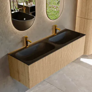 MONDIAZ Kurve 140cm badmeubel - kleur Oak - 1 lade - BIG SMALL wastafel - wasbak midden - 2 kraangaten - kleur Urban