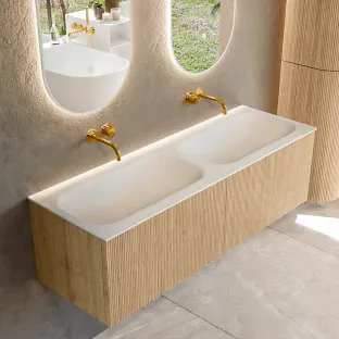 MONDIAZ Kurve 140cm badmeubel - kleur Oak - 1 lade - BIG SMALL wastafel - wasbak midden - zonder kraangat - kleur Talc