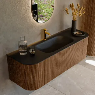 MONDIAZ Kurve 140cm badmeubel - kleur Walnut - 1 lade - BIG SMALL wastafel - wasbak Links en Rechts - 1 kraangat - kleur Urban