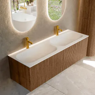 MONDIAZ Kurve 140cm badmeubel - kleur Walnut - 1 lade - BIG SMALL wastafel - wasbak midden - 2 kraangaten - kleur Talc