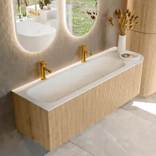 MONDIAZ Kurve 145cm badmeubel - kleur Oak - 2 lades - BIG LARGE wastafel - wasbak midden - 2 kraangaten - kleur Talc