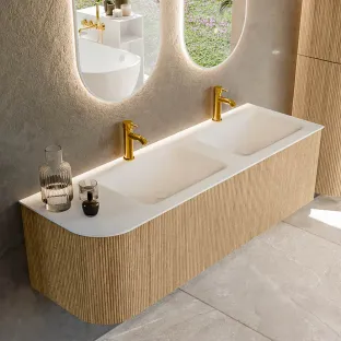 MONDIAZ Kurve 145cm badmeubel - kleur Oak - 2 lades - CLOUD wastafel - wasbak Links - 2 kraangaten - kleur Talc