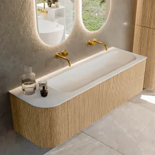MONDIAZ Kurve 145cm badmeubel - kleur Oak - 3 lades - BIG LARGE wastafel - wasbak Links - zonder kraangat - kleur Talc