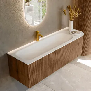 MONDIAZ Kurve 145cm badmeubel - kleur Walnut - 2 lades - BIG LARGE wastafel - wasbak midden - 1 kraangat - kleur Talc