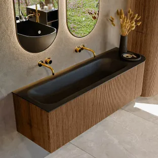 MONDIAZ Kurve 145cm badmeubel - kleur Walnut - 2 lades - BIG LARGE wastafel - wasbak midden - zonder kraangat - kleur Urban