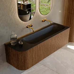 MONDIAZ Kurve 145cm badmeubel - kleur Walnut - 3 lades - BIG LARGE wastafel - wasbak Links - zonder kraangat - kleur Urban
