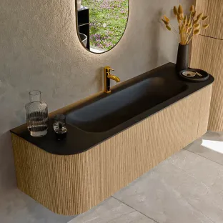 MONDIAZ Kurve 150cm badmeubel - kleur Oak - 1 lade - BIG MEDIUM wastafel - wasbak Links en Rechts - 1 kraangat - kleur Urban
