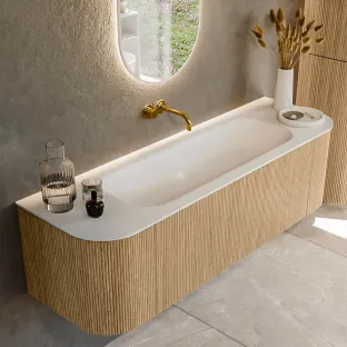 MONDIAZ Kurve 150cm badmeubel - kleur Oak - 1 lade - BIG MEDIUM wastafel - wasbak Links en Rechts - zonder kraangat - kleur Talc