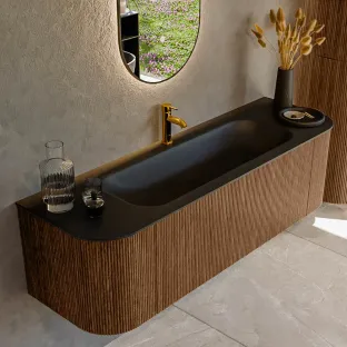 MONDIAZ Kurve 150cm badmeubel - kleur Walnut - 1 lade - BIG MEDIUM wastafel - wasbak Links en Rechts - 1 kraangat - kleur Urban