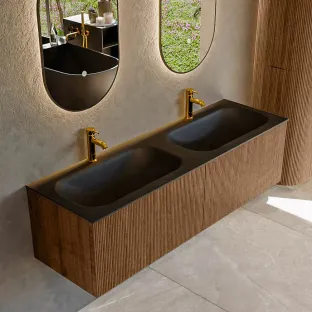 MONDIAZ Kurve 150cm badmeubel - kleur Walnut - 1 lade - BIG SMALL wastafel - wasbak midden - 2 kraangaten - kleur Urban