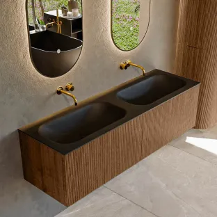 MONDIAZ Kurve 150cm badmeubel - kleur Walnut - 1 lade - BIG SMALL wastafel - wasbak midden - zonder kraangat - kleur Urban