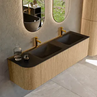 MONDIAZ Kurve 155cm badmeubel - kleur Oak - 2 lades - CLOUD wastafel - wasbak Links - 2 kraangaten - kleur Urban