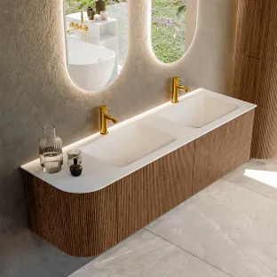 MONDIAZ Kurve 155cm badmeubel - kleur Walnut - 2 lades - CLOUD wastafel - wasbak Links - 2 kraangaten - kleur Talc