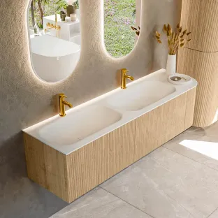MONDIAZ Kurve 165cm badmeubel - kleur Oak - 1 lade - BIG SMALL wastafel - wasbak Links - 2 kraangaten - kleur Talc