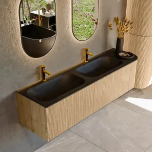 MONDIAZ Kurve 165cm badmeubel - kleur Oak - 1 lade - BIG SMALL wastafel - wasbak Links - 2 kraangaten - kleur Urban