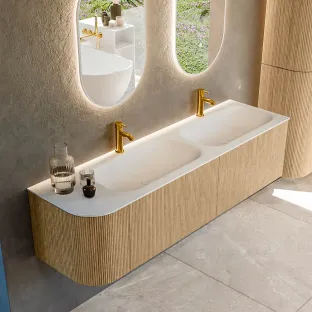 MONDIAZ Kurve 165cm badmeubel - kleur Oak - 2 lades - BIG SMALL wastafel - wasbak Links - 2 kraangaten - kleur Talc