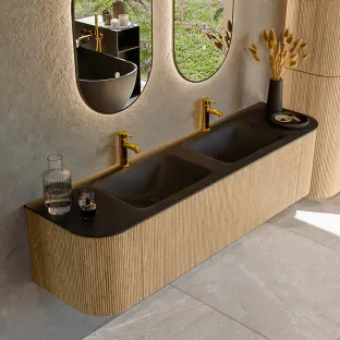 MONDIAZ Kurve 170cm badmeubel - kleur Oak - 1 lade - CLOUD wastafel - wasbak Links en Rechts - 2 kraangaten - kleur Urban