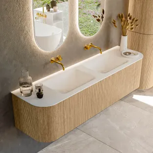 MONDIAZ Kurve 170cm badmeubel - kleur Oak - 1 lade - CLOUD wastafel - wasbak Links en Rechts - zonder kraangat - kleur Talc