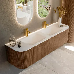 MONDIAZ Kurve 170cm badmeubel - kleur Walnut - 1 lade - CLOUD wastafel - wasbak Links en Rechts - 2 kraangaten - kleur Talc