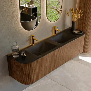 MONDIAZ Kurve 170cm badmeubel - kleur Walnut - 1 lade - CLOUD wastafel - wasbak Links en Rechts - 2 kraangaten - kleur Urban