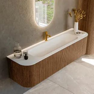 MONDIAZ Kurve 170cm badmeubel - kleur Walnut - 2 lades - BIG LARGE wastafel - wasbak Links en Rechts - 1 kraangat - kleur Talc