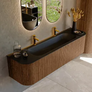 MONDIAZ Kurve 170cm badmeubel - kleur Walnut - 2 lades - BIG LARGE wastafel - wasbak Links en Rechts - 2 kraangaten - kleur Urban