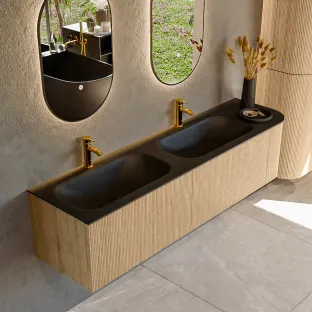 MONDIAZ Kurve 175cm badmeubel - kleur Oak - 1 lade - BIG SMALL wastafel - wasbak Links - 2 kraangaten - kleur Urban
