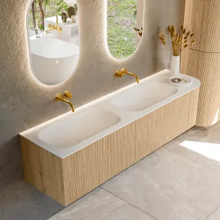 MONDIAZ Kurve 175cm badmeubel - kleur Oak - 1 lade - BIG SMALL wastafel - wasbak Links - zonder kraangat - kleur Talc