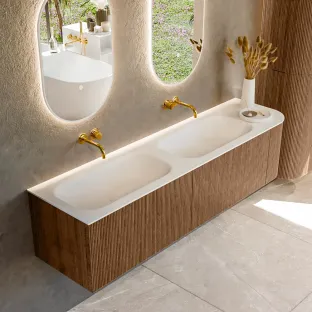MONDIAZ Kurve 175cm badmeubel - kleur Walnut - 1 lade - BIG SMALL wastafel - wasbak Links - zonder kraangat - kleur Talc