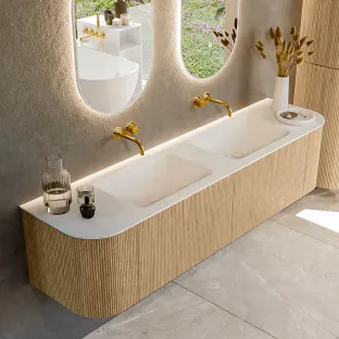 MONDIAZ Kurve 180cm badmeubel - kleur Oak - 1 lade - CLOUD wastafel - wasbak Links en Rechts - zonder kraangat - kleur Talc