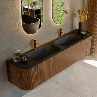 MONDIAZ Kurve 190cm badmeubel - kleur Walnut - 1 lade - BIG SMALL wastafel - wasbak Links en Rechts - 2 kraangaten - kleur Urban