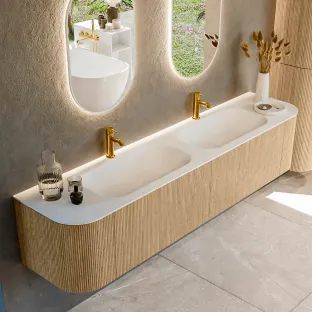 MONDIAZ Kurve 200cm badmeubel - kleur Oak - 1 lade - BIG SMALL wastafel - wasbak Links en Rechts - 2 kraangaten - kleur Talc