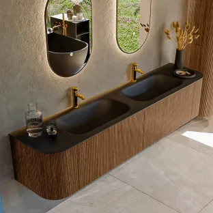 MONDIAZ Kurve 200cm badmeubel - kleur Walnut - 1 lade - BIG SMALL wastafel - wasbak Links en Rechts - 2 kraangaten - kleur Urban