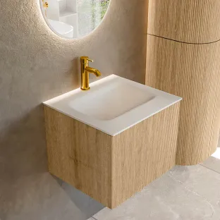 MONDIAZ Kurve 50cm badmeubel - kleur Oak - 1 lade - GRUNNE wastafel - wasbak midden - 1 kraangat - kleur Talc
