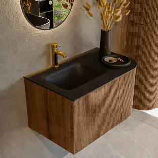 MONDIAZ Kurve 75cm badmeubel - kleur Walnut - 1 lade - GRUNNE wastafel - wasbak midden - 1 kraangat - kleur Urban