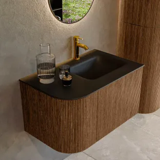 MONDIAZ Kurve 75cm badmeubel - kleur Walnut - 2 lades - GRUNNE wastafel - wasbak Links - 1 kraangat - kleur Urban