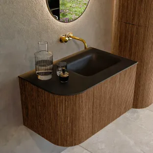 MONDIAZ Kurve 75cm badmeubel - kleur Walnut - 2 lades - GRUNNE wastafel - wasbak Links - zonder kraangat - kleur Urban