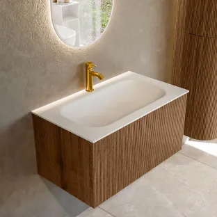 MONDIAZ Kurve 80cm badmeubel - kleur Walnut - 1 lade - BIG SMALL wastafel - wasbak midden - 1 kraangat - kleur Talc
