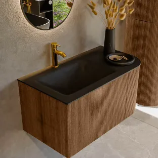 MONDIAZ Kurve 85cm badmeubel - kleur Walnut - 1 lade - CLOUD wastafel - wasbak midden - 1 kraangat - kleur Urban