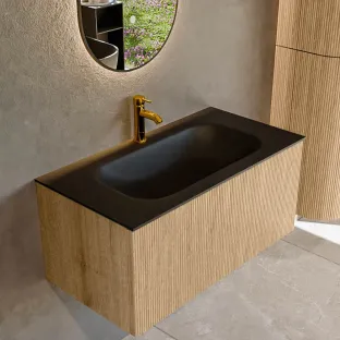 MONDIAZ Kurve 90cm badmeubel - kleur Oak - 1 lade - BIG SMALL wastafel - wasbak midden - 1 kraangat - kleur Urban