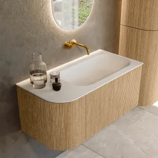 MONDIAZ Kurve 95cm badmeubel - kleur Oak - 2 lades - BIG SMALL wastafel - wasbak Links - zonder kraangat - kleur Talc