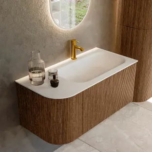 MONDIAZ Kurve 95cm badmeubel - kleur Walnut - 2 lades - BIG SMALL wastafel - wasbak Links - 1 kraangat - kleur Talc