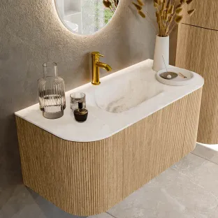 MONDIAZ Kurve-dlux 100cm badmeubel - kleur Oak - 1 lade - GRUNNE wastafel - wasbak Links en Rechts - 1 kraangat - kleur Frappe