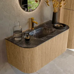 MONDIAZ Kurve-dlux 100cm badmeubel - kleur Oak - 1 lade - GRUNNE wastafel - wasbak Links en Rechts - 1 kraangat - kleur Lava