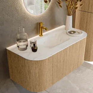 MONDIAZ Kurve-dlux 100cm badmeubel - kleur Oak - 1 lade - GRUNNE wastafel - wasbak Links en Rechts - 1 kraangat - kleur Opalo
