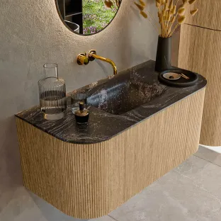 MONDIAZ Kurve-dlux 100cm badmeubel - kleur Oak - 1 lade - GRUNNE wastafel - wasbak Links en Rechts - zonder kraangat - kleur Lava