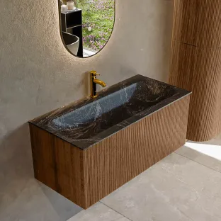MONDIAZ Kurve-dlux 100cm badmeubel - kleur Walnut - 1 lade - BIG MEDIUM wastafel - wasbak midden - 1 kraangat - kleur Lava