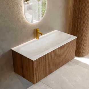 MONDIAZ Kurve-dlux 100cm badmeubel - kleur Walnut - 1 lade - BIG MEDIUM wastafel - wasbak midden - 1 kraangat - kleur Ostra